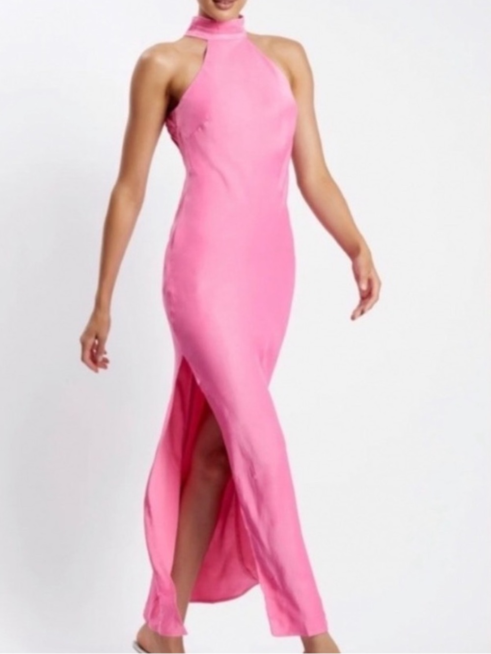 Meshki Claire Satin Drape Back Maxi Dress Pink Halter Neck Side Slit